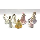 Three Royal Doulton figures Christmas Parcels, Christmas Angel and Skating, two Royal Worcester figu