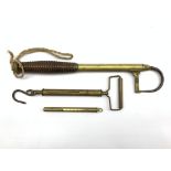 Telescopic brass Salmon gaff with turned wood handle, Salter spring balance and a Hardy's small bras