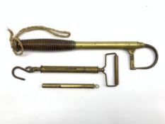 Telescopic brass Salmon gaff with turned wood handle, Salter spring balance and a Hardy's small bras