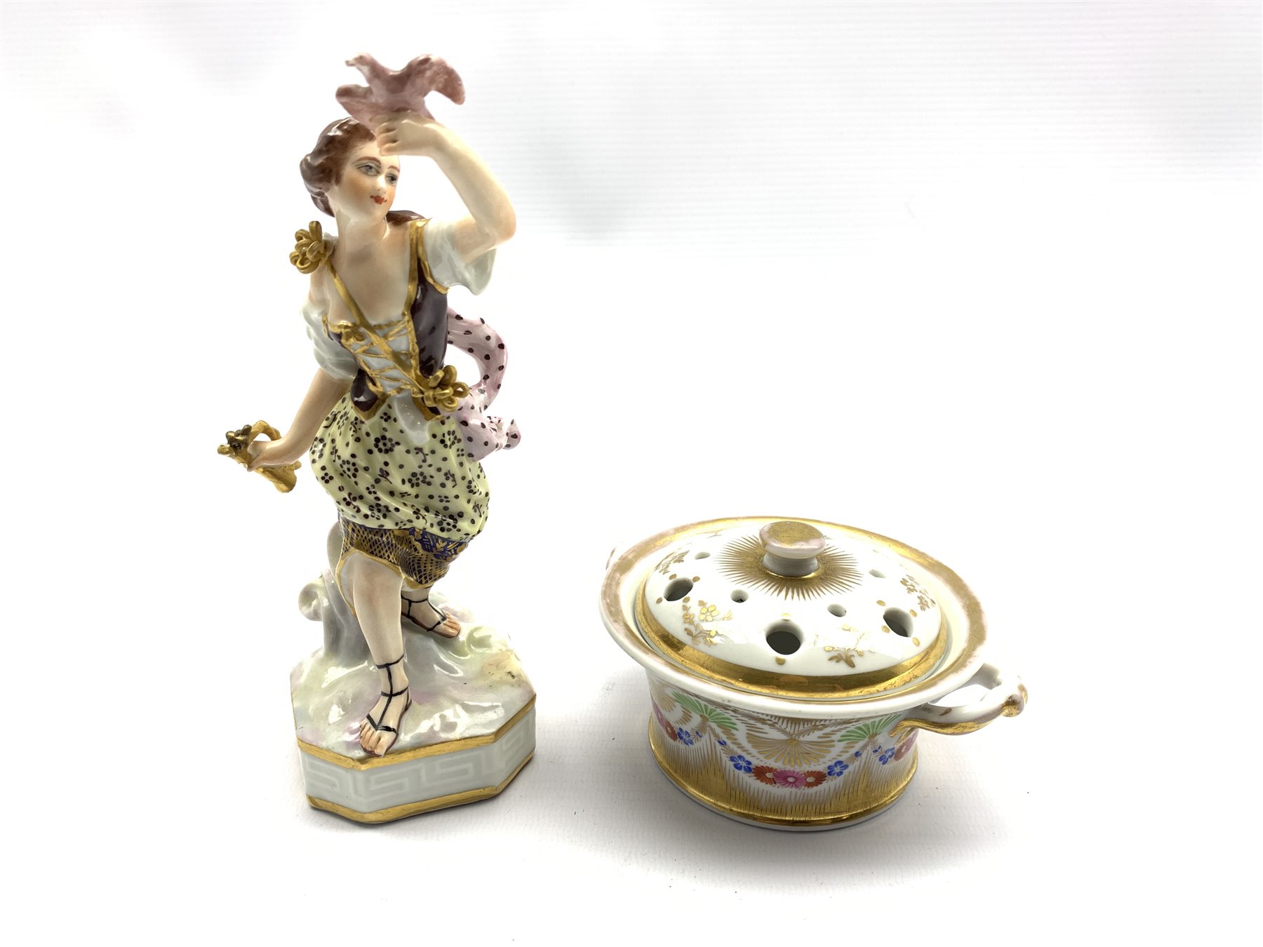 18th century Derby figure of 'Air' from the Elements series holding a bird in one hand and a bugle - Image 2 of 8