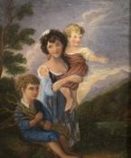 19th century oil on board, a family group gathering wood, 22cm x 18cm
