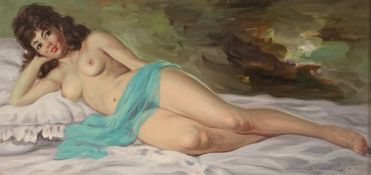 Indistinctly signed, oil on canvas of a nude female, 59cm x 118cm