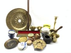 18th century alms dish D39cm, four brass mortars, 19th century candlestick and other items