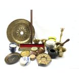 18th century alms dish D39cm, four brass mortars, 19th century candlestick and other items