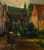 E LeFebvre - Oil on canvas of a Continental village scene, signed and dated 1948, 76cm x 65cm
