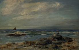 J Rennison - Coastal scene with children looking out to sea, oil on board, 50cm x 75cm