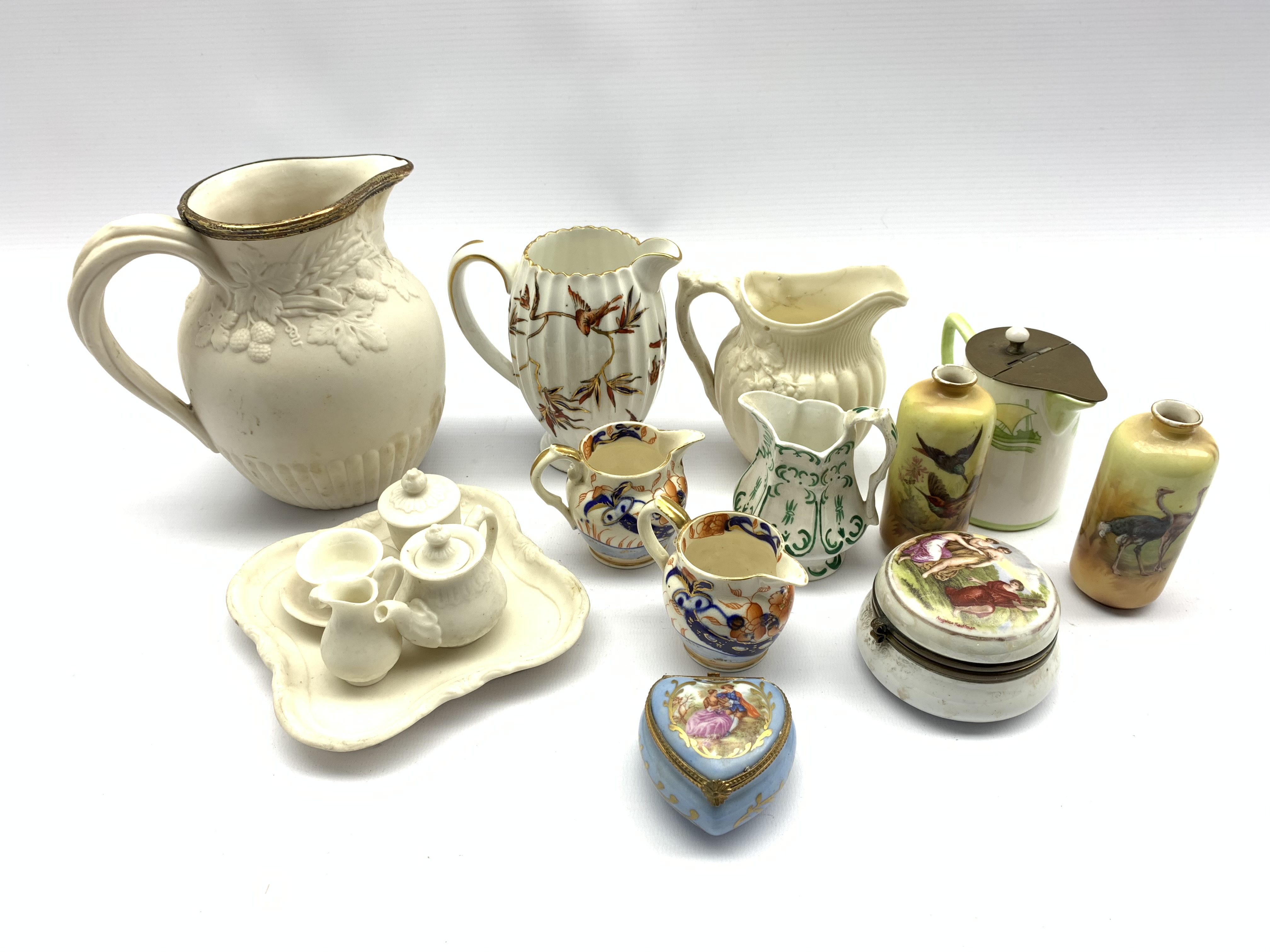 Dolls Parian ware tea set, six pieces, Victorian Parian 'Society of Art prize jug', small Parian jug - Image 4 of 4