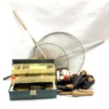 Fishing tackle including nets, line hooks, fabric bag etc