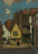 James Wright (Scottish 1885-1947) Street scene with figures, pastel, signed and with Gordon's Gal