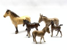 Beswick model of a Highland Pony No. 224, Beswick Donkey No. 2267A, Donkey Foal No. 2110 and two Bes