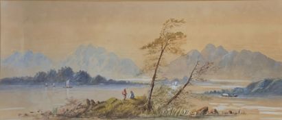 Unsigned 19th century watercolour of a Continental lake and mountain landscape, 23cm x 51cm