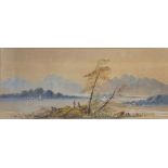 Unsigned 19th century watercolour of a Continental lake and mountain landscape, 23cm x 51cm