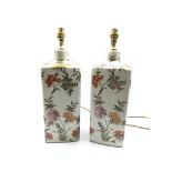 Pair of Oriental style square section table lamps decorated with floral sprays, H46cm overall