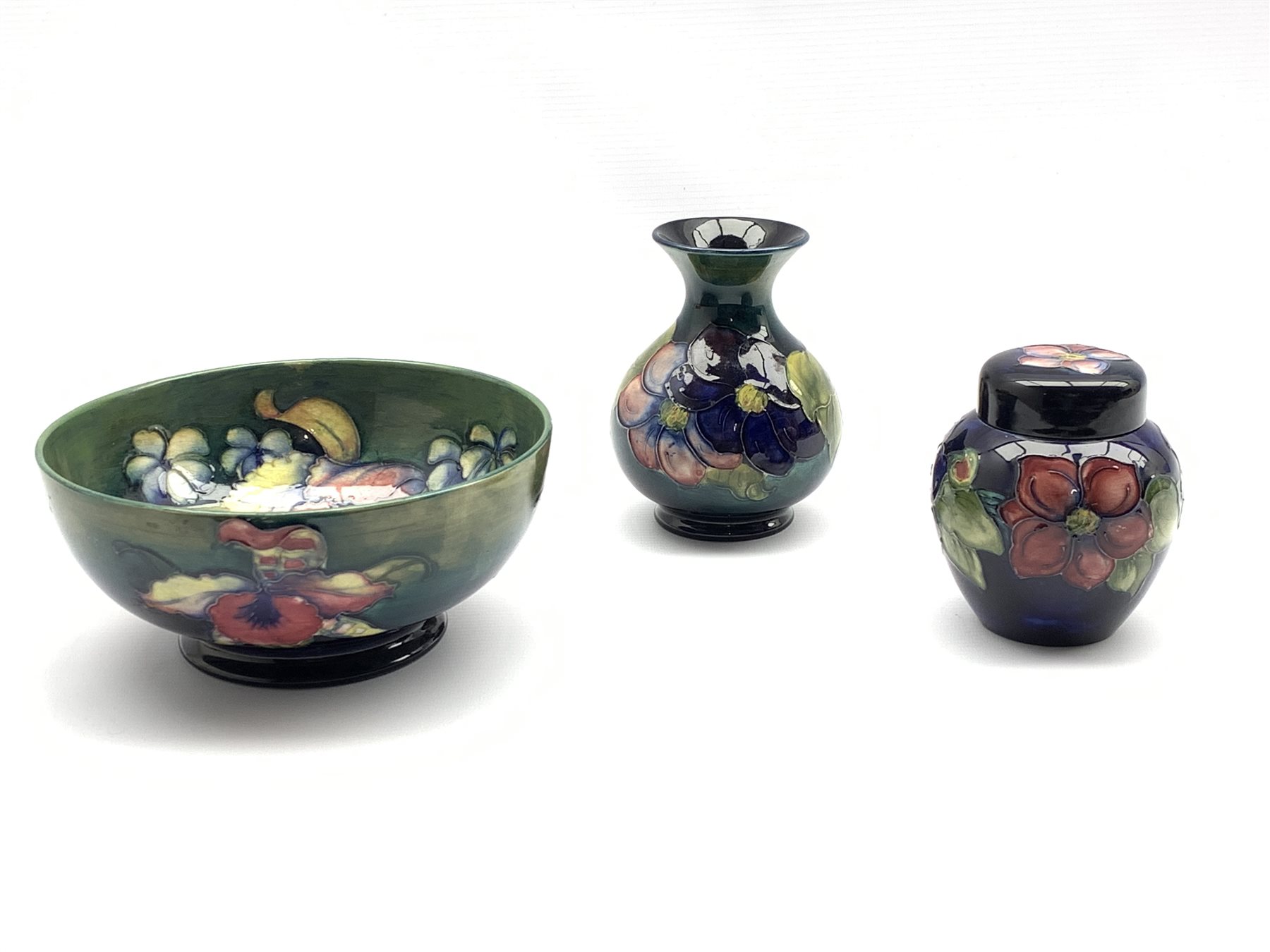 Moorcroft Orchid pattern bowl on green ground, D19cm and Moorcroft vase and ginger jar decorated in - Image 2 of 2