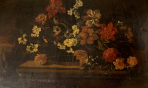 Follow of Jean-Baptise Monnoyer (1636 -1699) - Still life of a basket of flowers on a stone shelf,