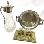 Art Nouveau Tudric Pewter circular twin handled dish L31cm, 19th century cast brass inkstand with tw