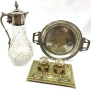 Art Nouveau Tudric Pewter circular twin handled dish L31cm, 19th century cast brass inkstand with tw