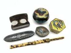 Oriental cloisonne hexagonal yellow ground box and cover, two other cloisonne boxes, bone chopsticks