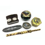 Oriental cloisonne hexagonal yellow ground box and cover, two other cloisonne boxes, bone chopsticks