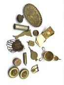 Small collectible items including brass note case, pocket watch stand, miniature bead work purse and
