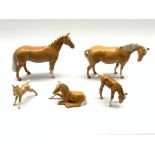 Beswick Huntsmans Horse in palomino gloss No. 1484, a palomino mare No. 1812 and three palomino foal