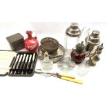 Venetian latticino glass dish, 19th Century ruby glass oil lamp, pewter caddy, moulded glass scent b