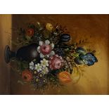 Indistinctly signed Continental still life, oil on board of a vase of flowers, 28cm x 22cm