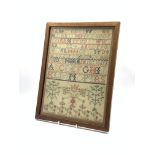 Victorian sampler worked with the alphabet, trees and foliate border by Janet Boyd Ochil? 1861, 35cm