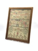 Victorian sampler worked with the alphabet, trees and foliate border by Janet Boyd Ochil? 1861, 35cm