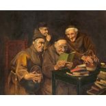 Unsigned oil on board of a group of Monks, 50cm x 60cm