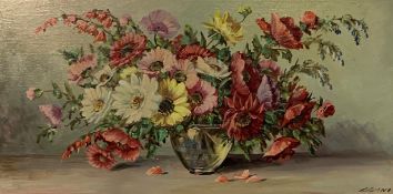 Lerni - still life, oil on board of a vase of flowers signed, 39cm x 79cm