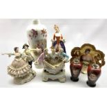 German porcelain group of three courtly figures H20cm, modern Dresden figure group, pair of small va
