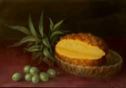 J W Mills (Late 19th Century British School) still life of pineapple and grapes, oil on canvas signe
