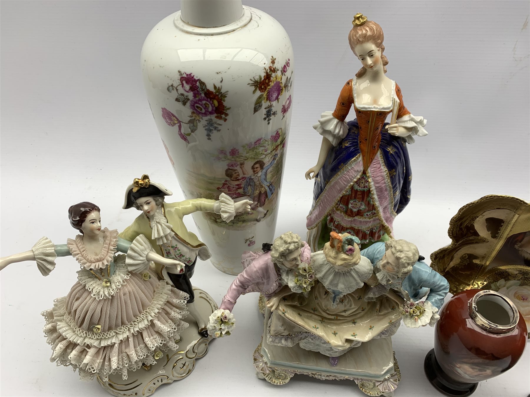 German porcelain group of three courtly figures H20cm, modern Dresden figure group, pair of small va - Image 4 of 6