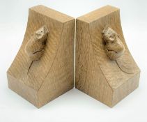 'Mouseman' pair adzed oak bookends by Robert Thompson of Kilburn, carved mouse signature to each end