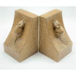 'Mouseman' pair adzed oak bookends by Robert Thompson of Kilburn, carved mouse signature to each end