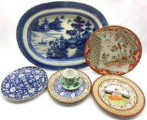 19th Century English pearl ware blue and white meat plate, L53cm, Chinese blue and white prunus patt