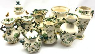 Nine pieces of Masons green Chartreuse including four various covered vases, largest H 25cm, pedesta