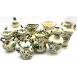 Nine pieces of Masons green Chartreuse including four various covered vases, largest H 25cm, pedesta