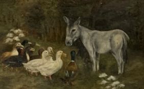 E.S.W. - Pair of oil paintings of rural scenes with donkey, poultry etc signed with initials and dat