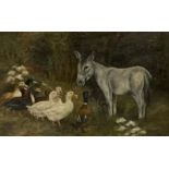 E.S.W. - Pair of oil paintings of rural scenes with donkey, poultry etc signed with initials and dat