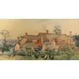 Hellen Allingham (1848 -1926): Farm buildings with figure, poultry etc, watercolour signed 17cm x 32