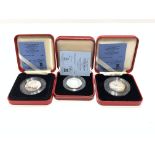 Queen Elizabeth II 1988, 1989 and 1992 Isle of Man silver proof Christmas fifty pence coins, all cas