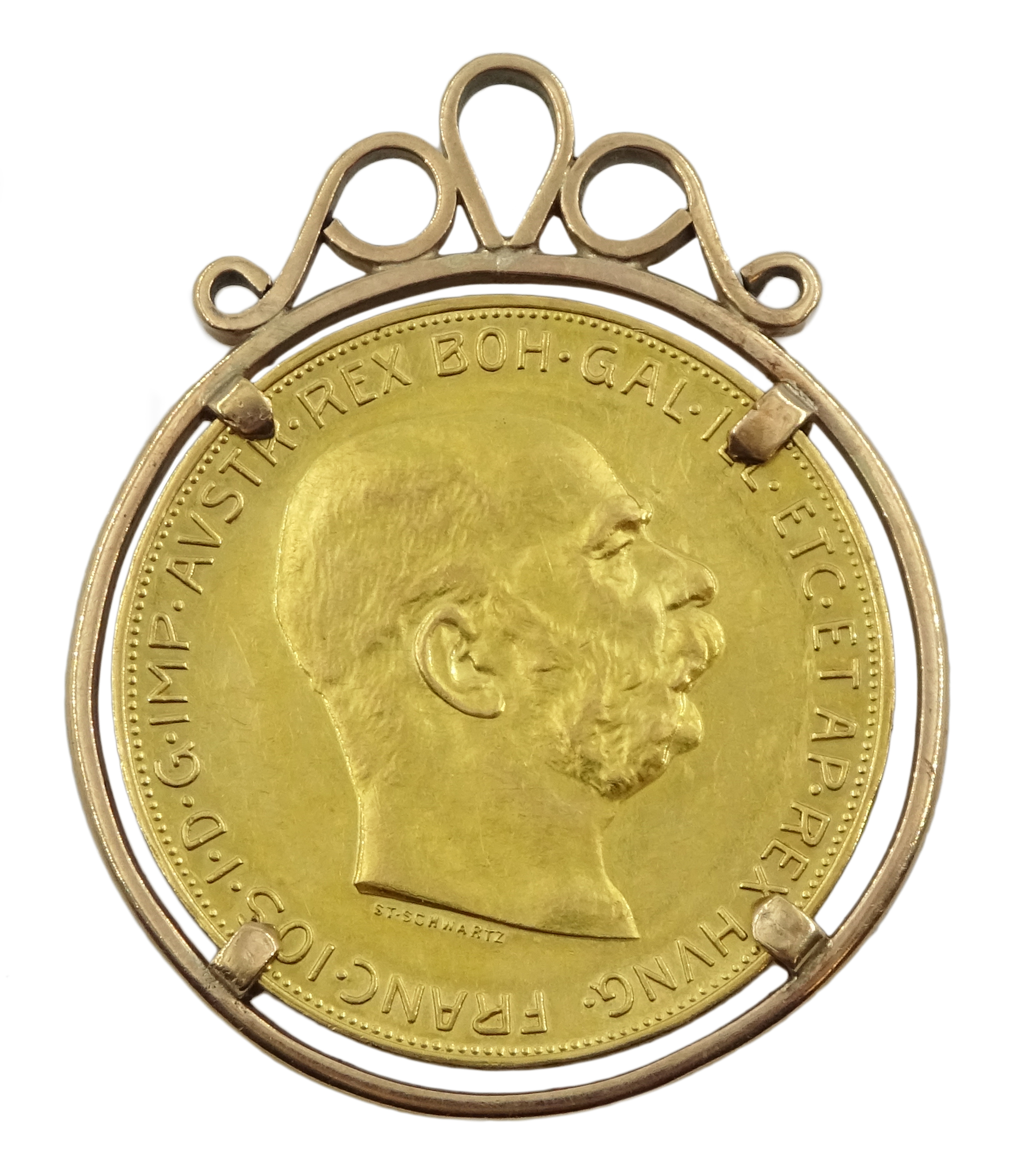 Austrian 1915 re-strike gold 100 corona coin, in a 9ct gold (tested) mount, total weight 41.2 grams