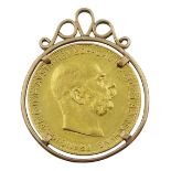 Austrian 1915 re-strike gold 100 corona coin, in a 9ct gold (tested) mount, total weight 41.2 grams