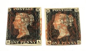 Two Queen Victoria penny black stamps, both with red MX cancels