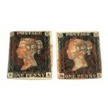 Two Queen Victoria penny black stamps, both with red MX cancels