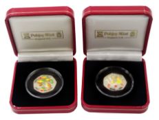 Queen Elizabeth II 2005 and 2006 Isle of Man coloured silver proof Christmas fifty pence coins, both