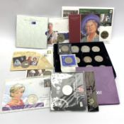 Twenty-one Queen Elizabeth II five pound coins, in covers, card folders and loose