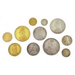 Queen Victoria, eleven coins all dated 1887, comprising gold five pounds, two pounds, sovereign and
